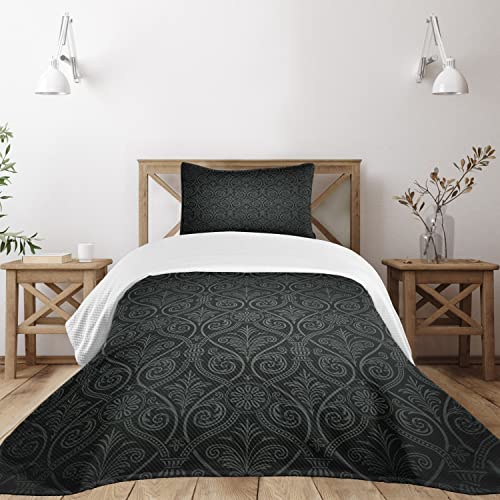 Lunarable Damask Bedspread, Antique Baroque Pattern Mild Ombre Shade Gothic Victorian Style, Decorative Quilted 2 Piece Coverlet Set With Pillow Sham, Twin Size, Charcoal Grey #TOP28