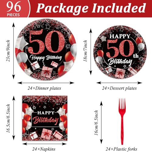 Image of gisgfim 96 Pcs 50th Birthday Plates and Napkins Party Supplies 50 Years Old Birthday Party Tableware Set Red Black Dinner Dessert Plates 50th Birthday Decorations Favors for Man Women for 24 Guests