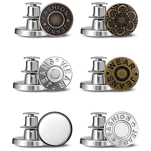 Image of 6pcs Detachable Button for Jeans 6 Styles No Sew Metal Buttons for Denims Waist Extender Button Removable Reusable Instant Button Without Sewing for Trousers Pants Bags Skirt (Style C)