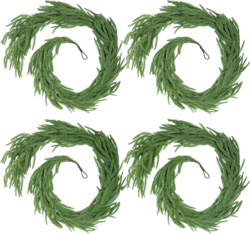 CCPanda 4 Pcs Artificial Norfolk Pine Garlands, Christmas Real Touch Winter Pine Garland, Green Artificial Greenery Cedar Garland for Mantle, Table, Wall, Indoor, Outdoor Christmas Decorations