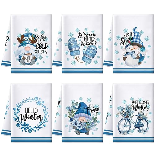 Preboun 6 Pcs Hello Winter Kitchen Towels Snowman Gnome Dish Blue Snowflake Tea Christmas Hand Drying Towels Baking Cooking Cloth for Home Kitchen Bathroom Decor