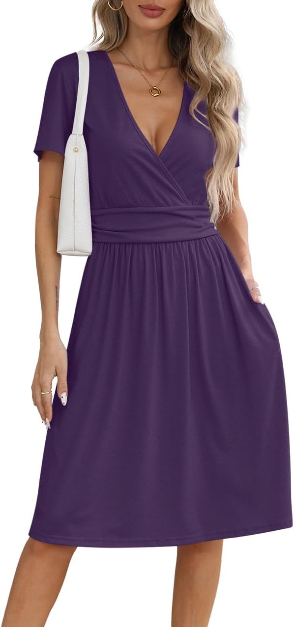 NILOUFO Women’s Summer Casual Dress Short Sleeve Wrap V Neck Midi Dresses with Pockets