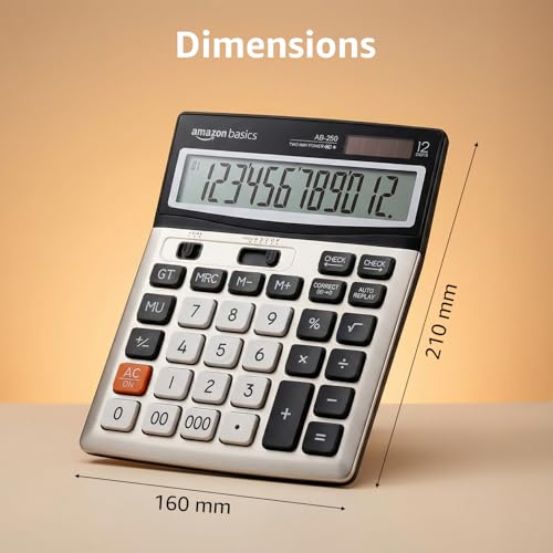 Image of Amazon Basics 12-Digit Desktop Calculator | 127mm Large Tilted LCD| 112-Step Check & Correct | Dual Power Solar & Battery | Anti-Scratch LCD | 000 & F-Cut Keys | Black