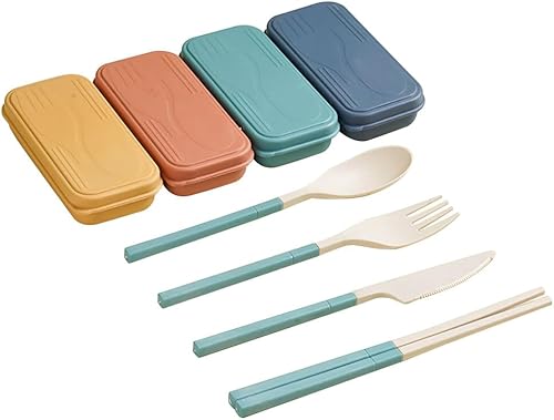 Miniatura 3 de Juego de utensilios de viaje con funda, 4 juegos de cuchara desmontable reutilizable, cuchillo, tenedores, palillos, vajilla sin BPA, cubiertos
