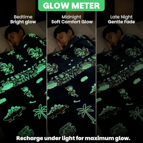 Image of Famyo GlowMaxx Glow Blanket for Kids - Rexy the Dino | Kids Blanket 0-15 Yrs | 200x152 cm Double Bed Blanket | Soft Flannel Blankets for Winter | Lab-Tested & Safe, (Blue)