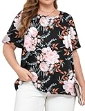 FOREYOND Plus Size Tops for Women Short Sleeve Ruffle Shirts Crewneck Blouses Dressy Casual Pleated Fashion Tunic Top Black Pink Floral 3XL