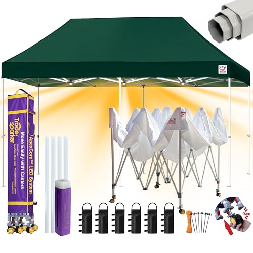 Image of Tradesparker 10x20 Pop Up Canopy Tent,Commercial Movable Canopy with ApexCore LED&Rugged Casters-Instant Easy Setup Shelter Canopies with Weight Bags&Stakes for Outdoor Events Markets,Forest Green