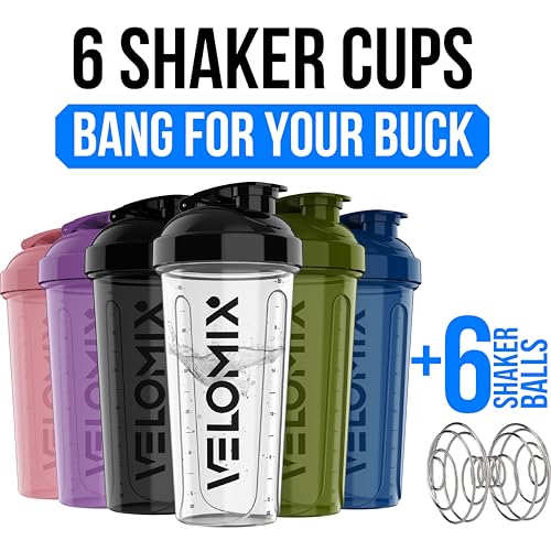Image of VELOMIX -6 PACK- 28 oz Protein Shaker Bottle for Protein Mixes -6x Wire Whisk | Leak Proof Shaker Cups for Protein Shakes | Large, Stackable Protein Shaker Bottle Pack