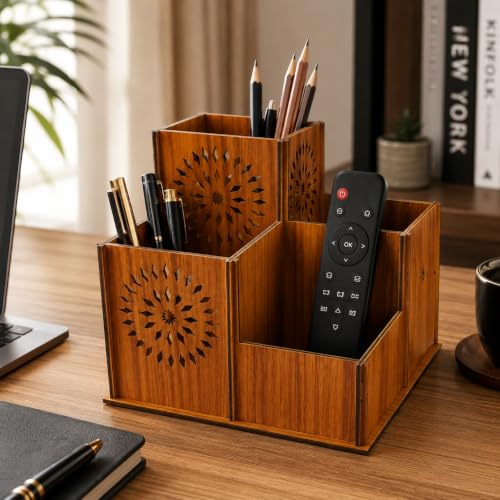 Image of Zesta Wooden Desk Organizer Pen Stand Remote Holder Card Slot | Table Accessory Office Desk Study Room | Pencil Storage Stand Stylish Workspace Decor (Nainteek, 4 Compartment Organiser)