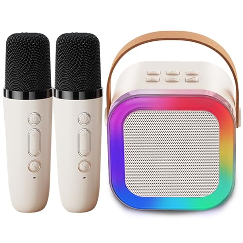 Genround Karaoke Maschine mit 2 Mikrofonen, Bluetooth Lautsprecher mit Gesangsentferner, 3 LED-Lichtmodi, Sprachwechse, Bluetooth Mikrofon für Kinder Erwachsene, Jungen Mädchen Geschenke (Beige)