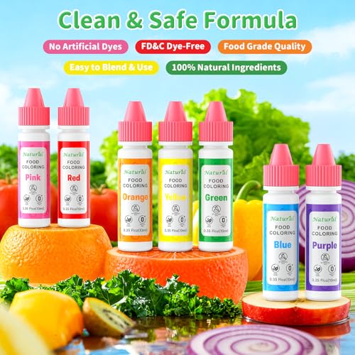 Image of Natural Food Coloring for Baking, Cherrysea 7x10ml Rainbow Liquid Colors Artificial & Synthetic Dye Free Food Dye for Cake Easter Egg Decorating, Frosting, Slime Making & Cookies -0.35 Floz /Bottles