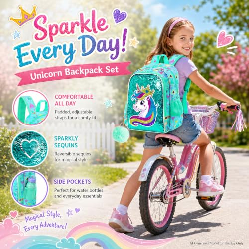 Image of 3Pcs Unicorn Backpack for Girls, 16 inch Sequin Bookbag Set for Kids, Elementary Preschool Preschool School Backpacks with Lunch Box (Green)
