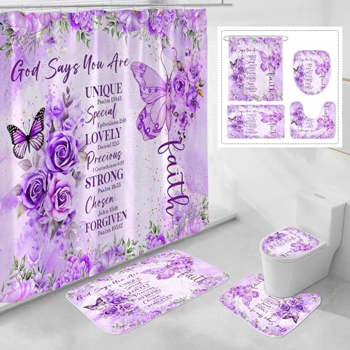 Litabel 4 Pcs Purple Butterfly Inspirational Quotes Shower Curtain Set