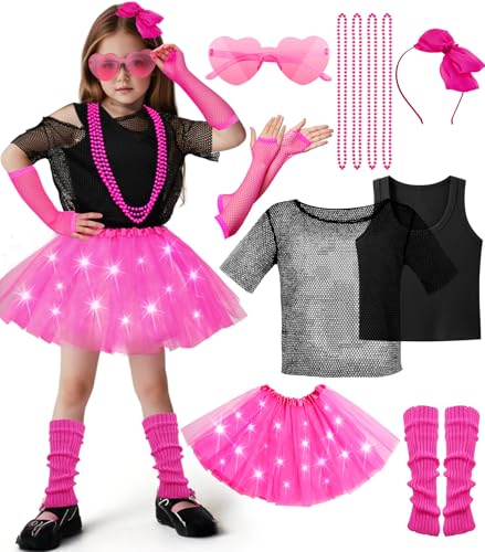 vamei 80er 90er Costume Enfants Filles Jupe Tutu à LED Rose Manches Courtes en Maille Boucles d'oreilles Collier Jambières Gants Résille Déguisement de...