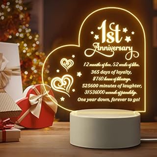 1st Anniversary Romantic Gifts for Couple, First Anniversary Night Light Gifts for Her Him Wife Husband, One Year Paper Wedding Anniversary Personalised Gifts Home Decoration LED Acrylic Bedside Lamp