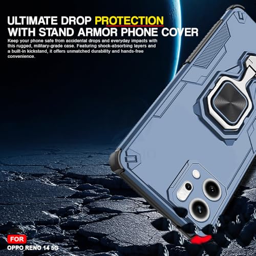 Image of AESTMO Armor Back Cover for Oppo Reno 14 5G | Ring Holder & Kickstand & Camera Protection in-Built | 360 Degree Protection Back Case Cover (Blue)