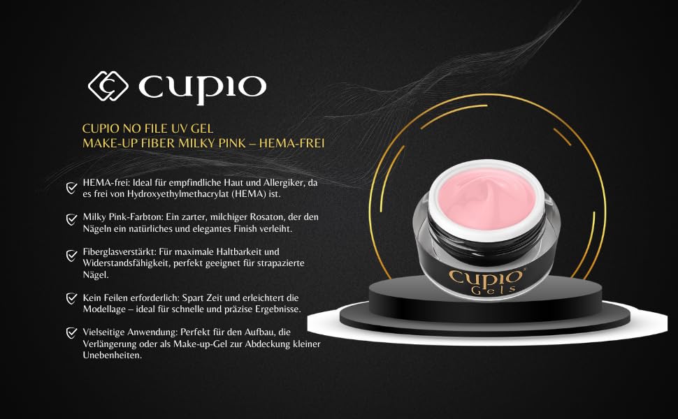 Cupio No File UV Gel Make-Up Fiber Milky Pink 30 ml – Gel costruttore rinforzato con fibra di vetro – Senza HEMA, resistente e flessibile – Gel make-up per allungamento unghie senza limatura