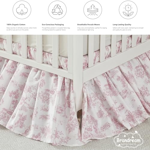 Image of Brandream French Country Toile Cotton Crib Skirt Toddler Bedskirt Dust Ruffle Baby Nursery Crib Bed Skirt Boho Bohemian Vintage Pink Floral Print Farmhouse Chic Ruffles Skirt