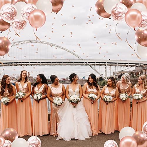 Image of Rose Gold Confetti Balloons - 50pcs 12 Inch Metallic Rose Gold and White Latex Balloons for Bridal Shower Sweet 16 Birthday Wedding Anniversary Party Decorations