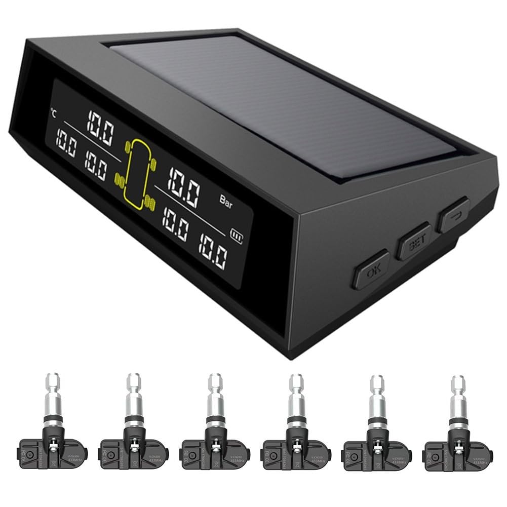 FUBESK Sistema di pressione per pneumatici auto TPMS LCD solare wireless con 6 sensori, ricarica USB, display in tempo reale per 4-6 pneumatici, PSI/BAR, allarme temperatura, nero