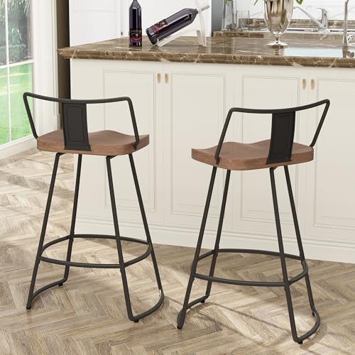 Butacos giratorios de barra de 26 pulgadas, juego de 2, sillas de barra de altura para mostrador con respaldo, estructura metálica y asiento de madera, estilo industrial y granja moderna, color negro mate miniatura 4