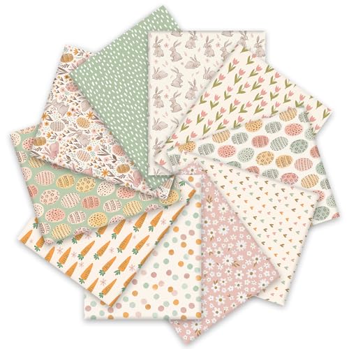 Whaline 10 Pcs Easter Cotton Fabric Bundles Bunny Rabbit Egg Carrot Flower Fat Quarters Pastel Spring Quilting Patchwork for DIY Handmade Craft Party Decor 18 x 22 Inch