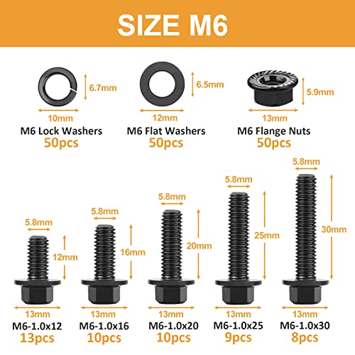 Image of VIGRUE 200Pcs M6-1.0 x 12 /16 /20 /25 /30mm Flanged Hex Head Bolts Serrated Flange Nuts Washers Assorment, Black Metric Nut and Bolt Kit, Class 10.9 Alloy Steel