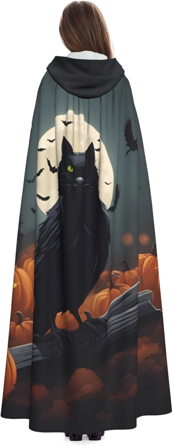 Unisex Full Length Hooded Halloween Christmas Party Robe Cloak Cape Cosplay Costume Men Women Halloween Pumpkin Lights Prints Black