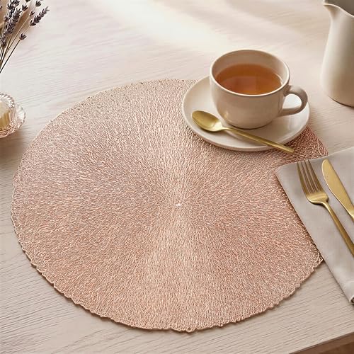 Image of Yellow Weaves 2 Pcs PVC Circle Weave Design Table Placemat, Dining Table Mat, Anti-Skid, Washable, Dining, Kitchen, Restaurant Table Set Easy to Clean, Durable (Rose Gold)