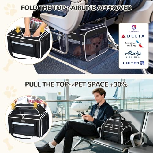 Image of Lekereise Top-Expandable Pet Carrier 17x11x9.5 Inch Alaska Hawaiian Airline Approved Soft Sided Underseat to 12lbs Travel Carriers for Small Dogs and Cats with Locking Safety Zippers Anti-Scratch Mesh