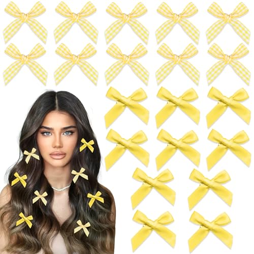 Arocooy Yellow Hair Bows 20PCS Gingham Bow Hair Clips Satin Non Slip Small Hair Bows Cute Hair Barrettes Y2K Hair Accessories for Women Girls