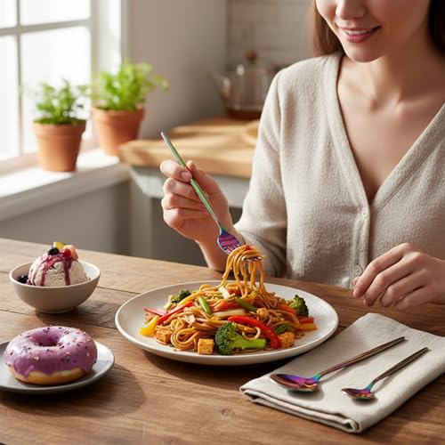 Image of 24 Pcs Rainbow Slim Handle Stainless Steel Cutlery Set for Dining Table with Spoons and Forks Set + Butterknives - The Perfect Tableware /Flatware