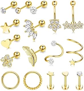 LOLIAS 17Pcs 16G Cartilage Earrings Stud for Women Men Stainless Steel CZ Labret Helix Piercing Tragus Stud Earrings Forward Conch Piercing Jewelry Set