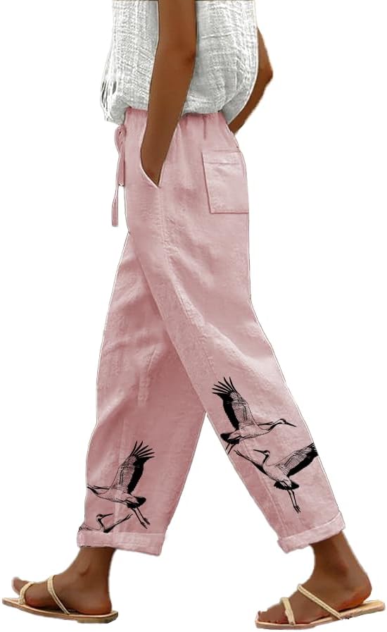 Womens Boho Graphic Casual Pants Loose Fit Elastic Waist Cotton Trouser Cropped Sum...