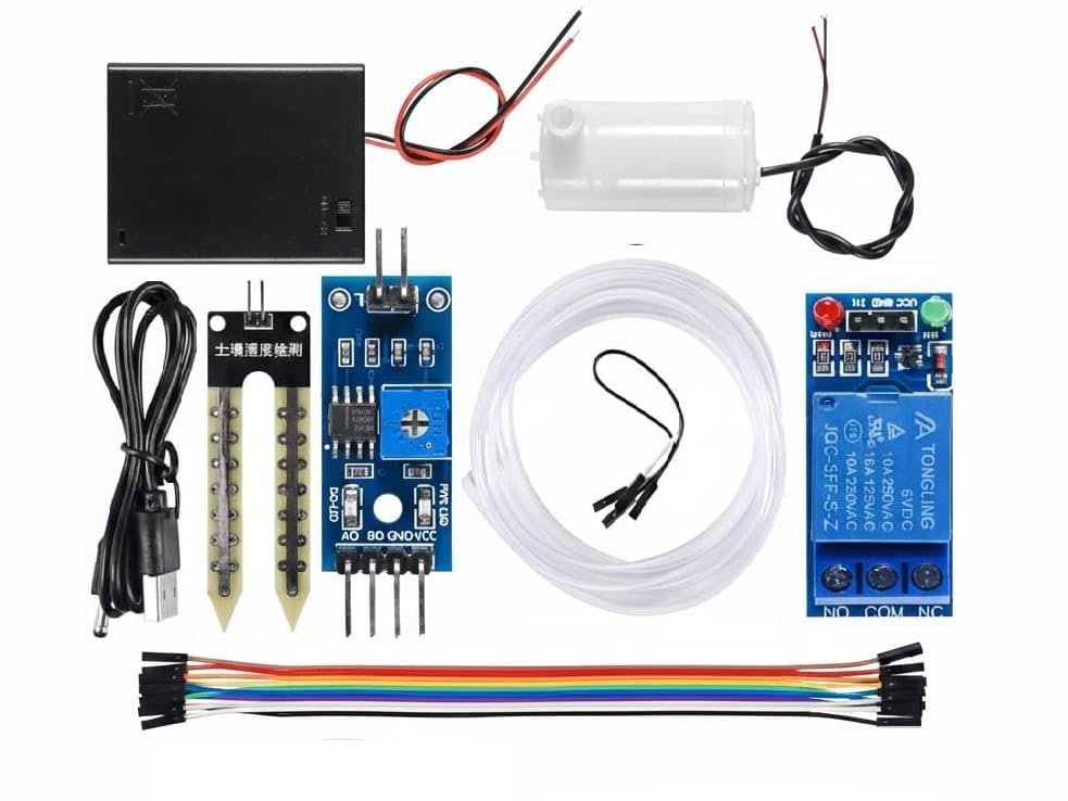 SP Electron DIY Smart Plant Watering System Kit with Soil Moisture Sensor, Relay Module, Mini Submersible Pump, Jumper Wires, Battery Holder and Pipe for Automatic Irrigation Project Kit