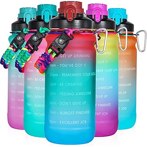 AMITER Tritan Leakproof Big Water Bottles with Times to Drink, Large Half Gallon Water Bottle with Straw, Motivational Time Marker&Handle, BPA Free Sports 64oz Gallon Water Jug (Included Bottle Brush) Cover