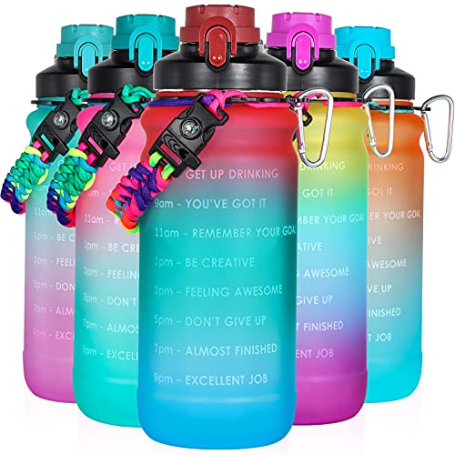 AMITER Tritan Leakproof Big Water Bottles with Times to Drink, Large Half Gallon Water Bottle with Straw, Motivational Time Marker&Handle, BPA Free Sports 64oz Gallon Water Jug (Included Bottle Brush)