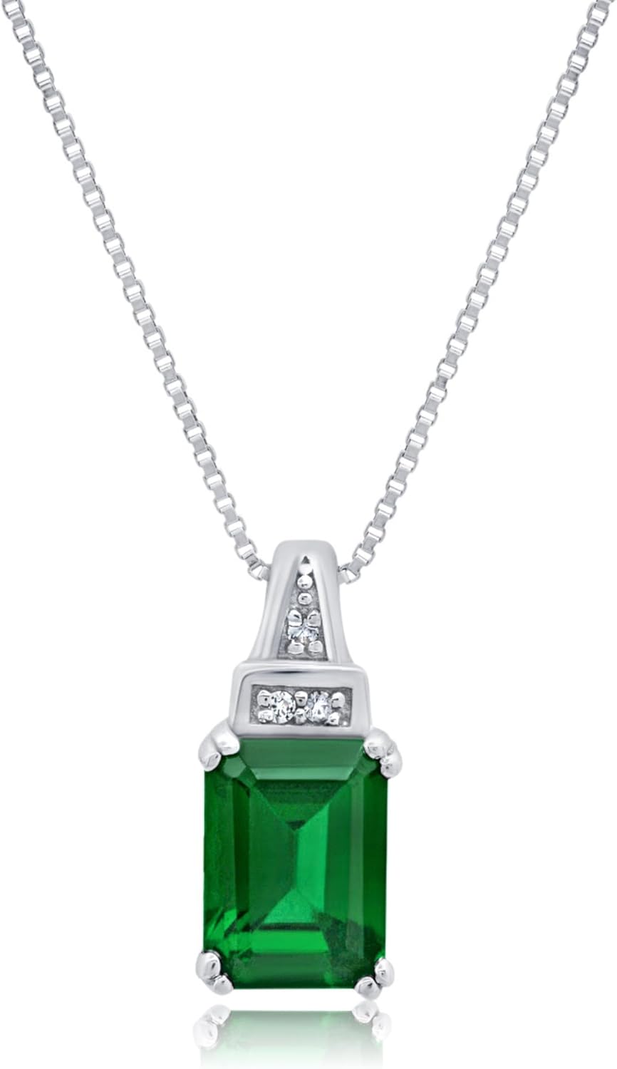Emerald Cut Birthstone Necklace for Women 925 Sterling Silver Green Emerald Necklace 18 Inch Chain Spring Ring Clasp 8x6mm Gemstone May Emerald Jewelry Pendant Necklace by Nicole Miller Fine Jewelry