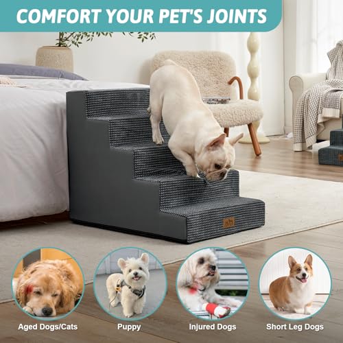 Image of COZY KISS Dog Stairs for Small Dogs 5-Step, 19.7 inch Extra Wide Right-Angle Pet Stairs for Couch and Beds, Anti-Slip Dog Steps for Old Cats and Lowrider, 19.7x29.5x23.6 inch, Dark Grey