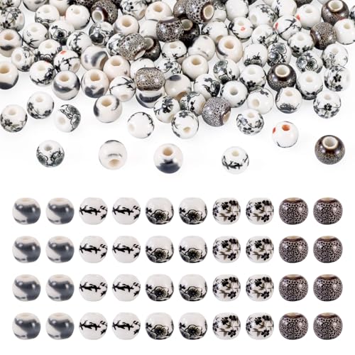 Cheriswelry Lot de 100 perles rondes en porcelaine noire - Perles intercalaires en céramique - Imprimé floral chinois - Pour la fabrication de bijoux, les...