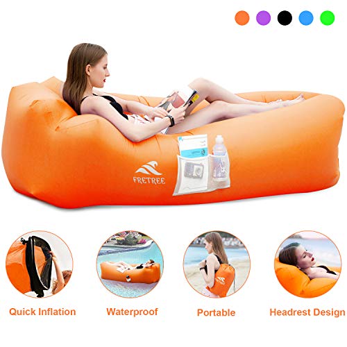 FRETREE Inflatable Lounger Air Sofa Hammock - Portable Anti-Air Leaking & Waterproof Pouch Couch and Beach Chair Camping Accessories for Parties, Travel, Camping, Picnics, Pool, Large, Orange