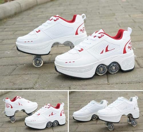 Image of Roller Skates for Women /Girls, Retractable Kick Roller Shoes with Wheels for Men, Outdoor Quad Wheel Rink Skates Adjustable Deformation Sneakers for Adult /Boys