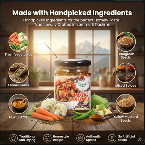 Image of Pahadi Tales Mixed Vegetable Pickle 200g | Mix Veg Achar in Pure Mustard Oil | Sundried Homestyle Himalayan Achaar | Seasonal Sabziyon ka Achar | Traditional Recipe | Made in Jammu & Kashmir