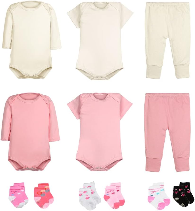 Kit 12 Peças Body Bebê Menina Longa e Curta Calça Mijão e Meias