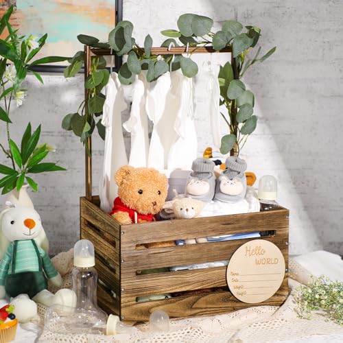 Image of Barydat Wooden Baby Shower Crate Closet Basket with Handle Baby Announcement Sign Garland Hangers Large Letter, Wooden Gift Crate, Letters for Pregnancy New Parent Party(Brown)