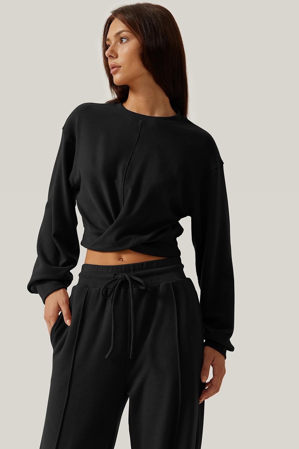 QINSEN Women 2 Piece Outfits Sweatsuit Set Twist Front Cropped Sweatshirt Wide Leg Sweatpant Lounge Set Tracksuit - Image 5