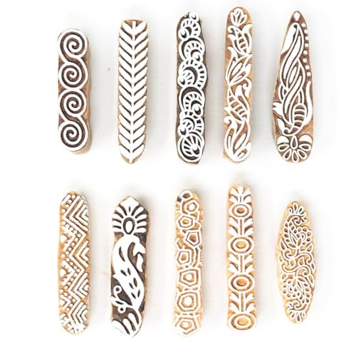 Image of Hashcart Wooden Indian Traditional Design Printing Stamps / Blocks for Printing Saree Border / Dresses / Craft Card Making / Scrapbook / Clay Pottery (Set of 10)