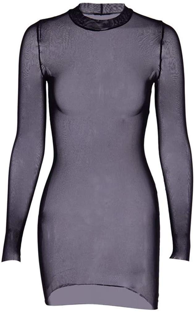 ZHER-LU Women's Mesh Mini Dress Sexy Tights Sheer Bodycon Long Sleeve Slim Fit