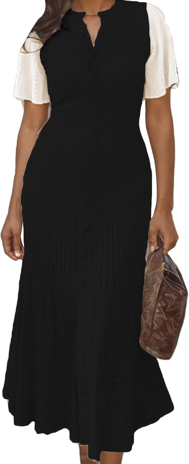 LAJIOJIO Women's Ribbed Knit Long Dress Button Down V Neck Short Sleeve Slim Fit Elegant Dresses