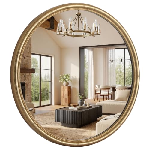 WallBeyond 24 Inch Gold Round Wall Mirror, Circle Mirror with Bamboo Texture, Decorative Vanity Mirror for Bathroom, Entryway, Living Room, Bedroom
